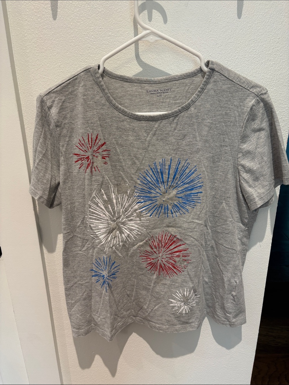 Laura Scott Gray Short Sleeve Tee with Red, Blue & White Firework Embroidery